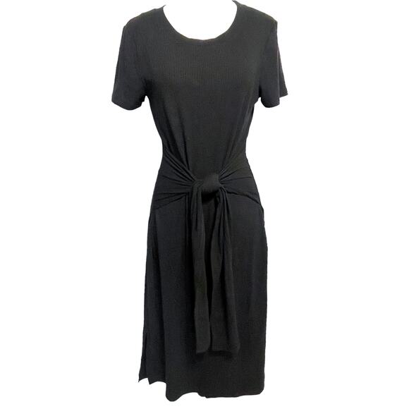 Rachel Zoe Black Ribbed Midi Dress Womens XS Tie Waist Short Sleeve Soft Knit